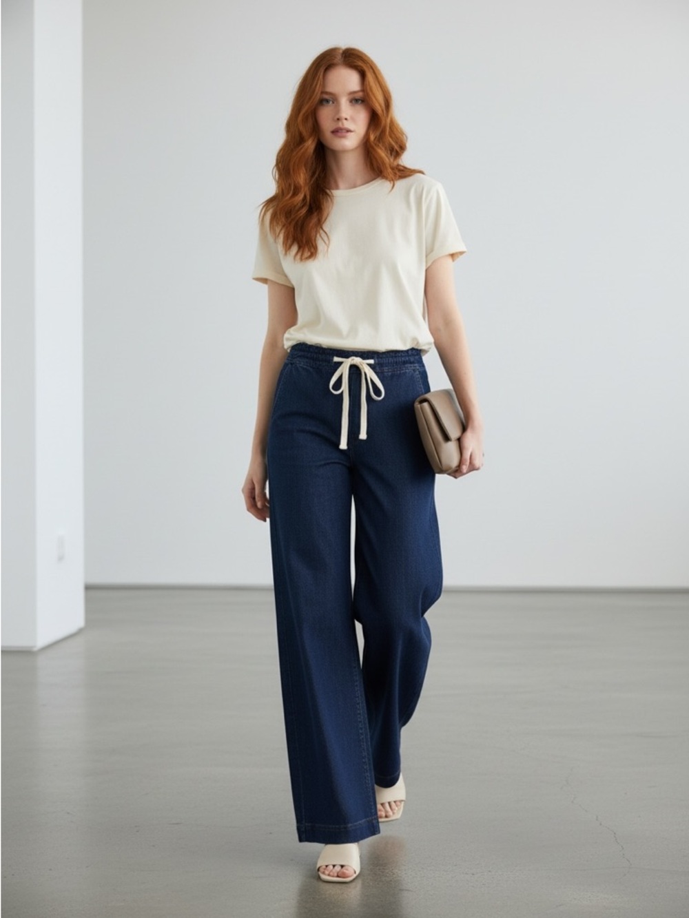 1300 • Dark Wash Raw Edge Top Soft Stretch Relaxed Fit Wide Leg Drawstring Jeans